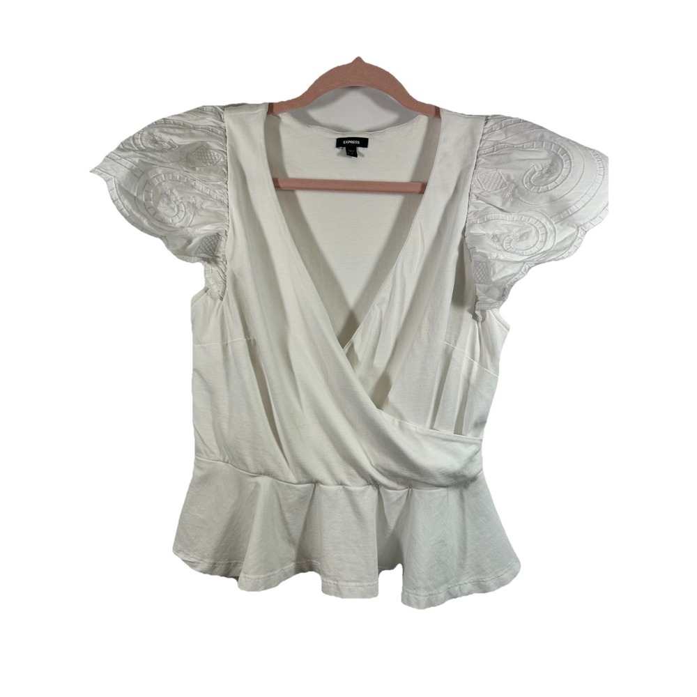 Express White Cotton Eyelet Flutter Sleeve Peplum‎ Wrap Top Small Cottagecore